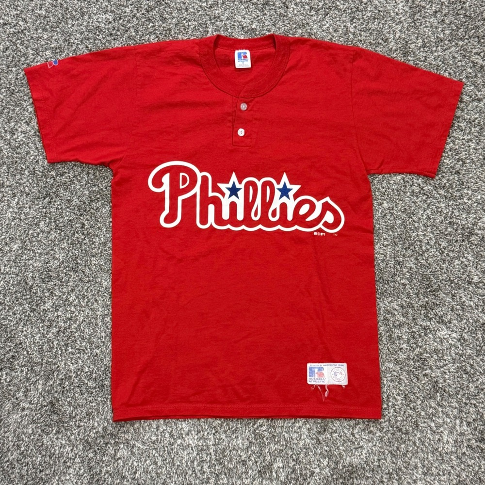 Vintage 90s Russell Athletic Philadelphia Phillies Henley Shirt Red Mens M Retro